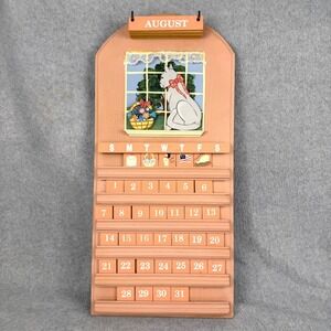 Vintage Wooden Perpetual Calendar Wall Hanging Pink Cat Window Folk Art 23in